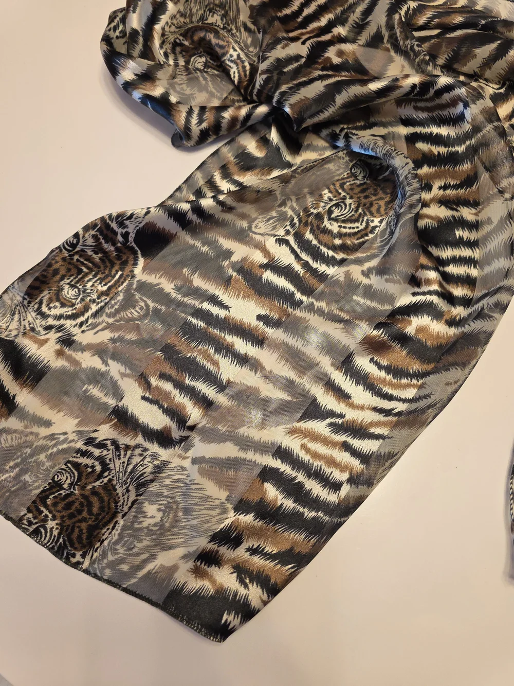 Vintage 90s Tiger Scarf Animal Print Satin Scarf - Black, Brown, Cream